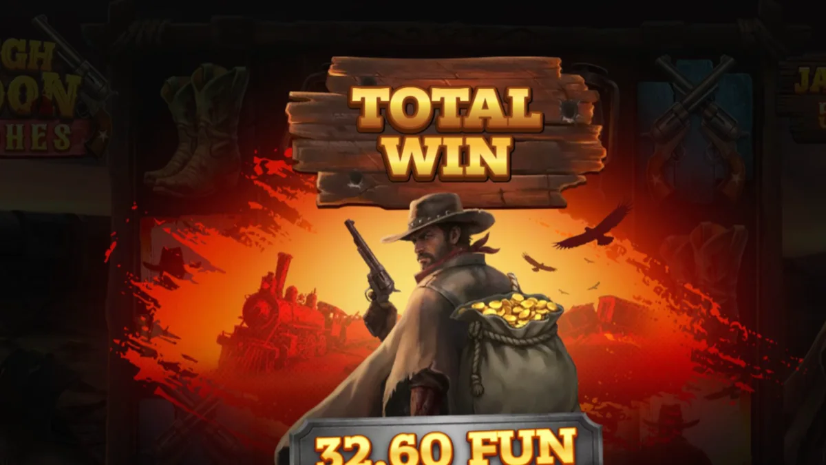 Cena de duelo no Velho Oeste com elementos temáticos do slot High Noon Riches