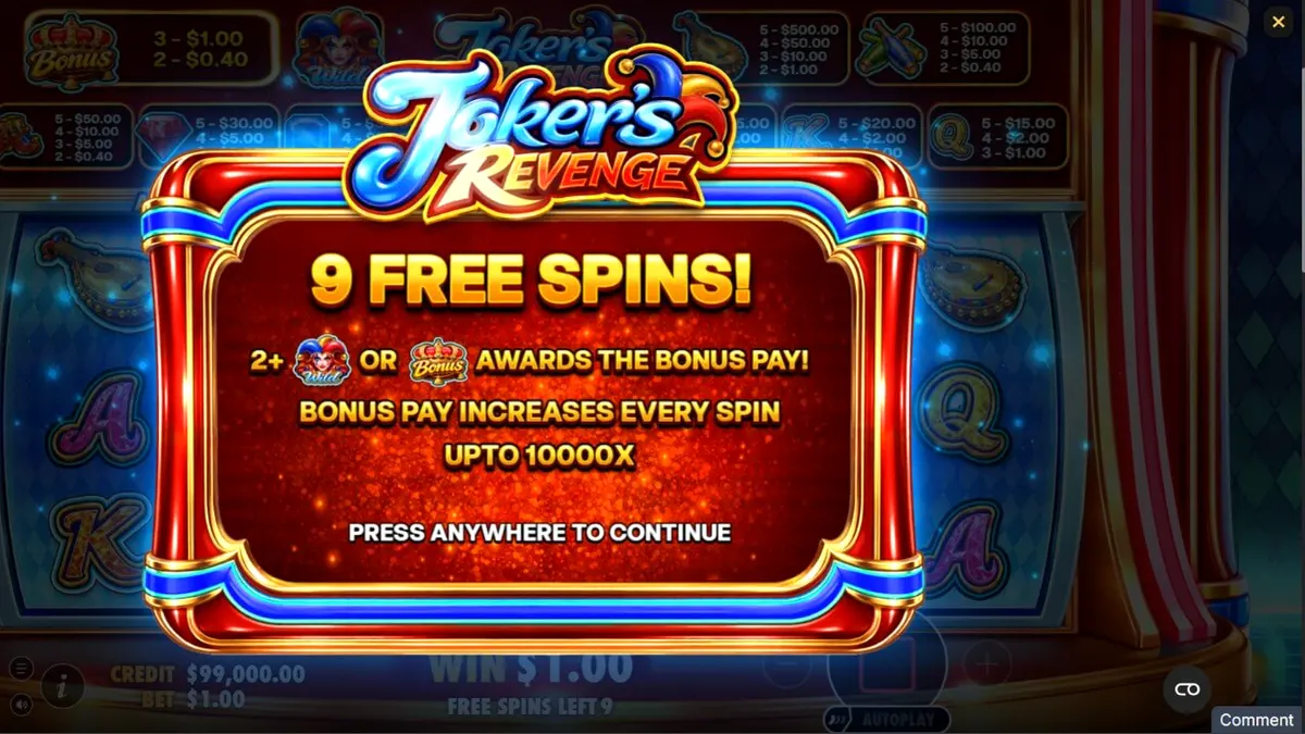 A harlequin theme slot machine with fiery elements and golden symbols.