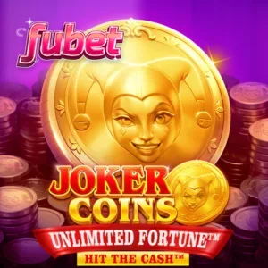 Interface do jogo de slot Joker Coins Unlimited Fortune com símbolos de frutas e moedas douradas.
